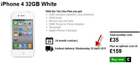 Weißes iPhone 4 bei Three - Liefertermin am 20.April 2011 ?