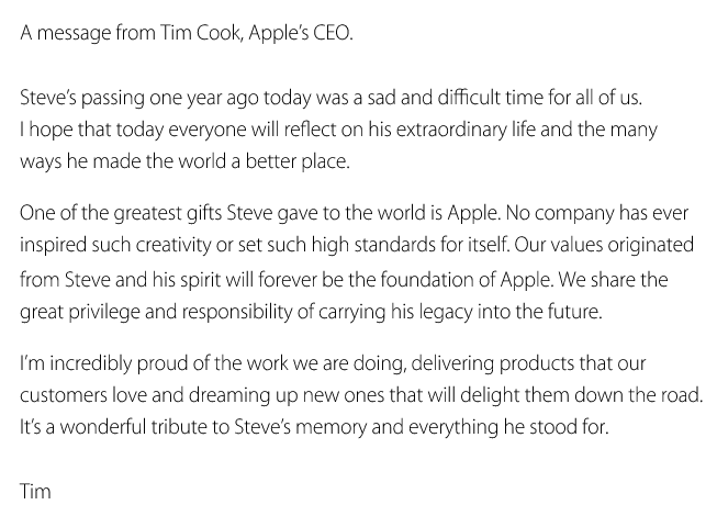 Brief Tim Cook - erster Todestag Steve Jobs
