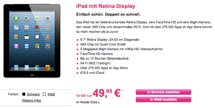 Telekom: Apple iPad 4 Retina & LTE ab 49,95 EUR verfügbar! 1