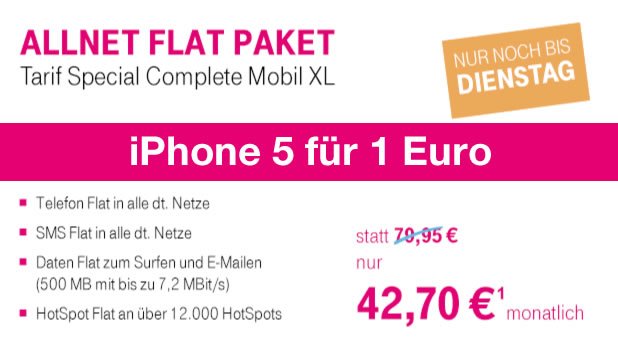 Nur bis Dienstag: iPhone 5 für 1 Euro mit Telekom Allnet Flat Special Complete Mobil XL für 42,70 statt 79,95 Euro! 1