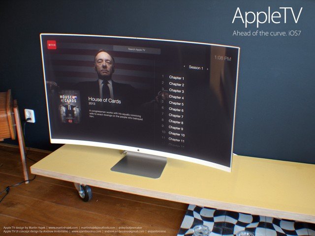 Apple iTV: gewölbter Apple Fernseher mit iOS 7 AppleTV Oberfläche 4