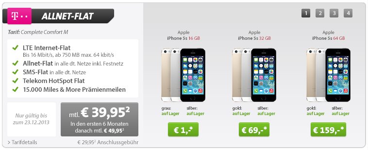 iPhone 5s Live-Deal mit Telekom Allnet Flat für 1 Euro bei Sparhandy 1
