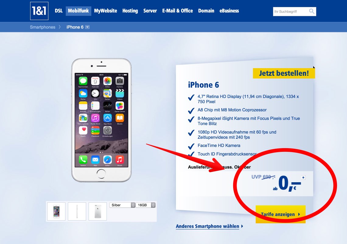 iPhone 6 bei 1&1: "kostenlos" ab 0 Euro! 1