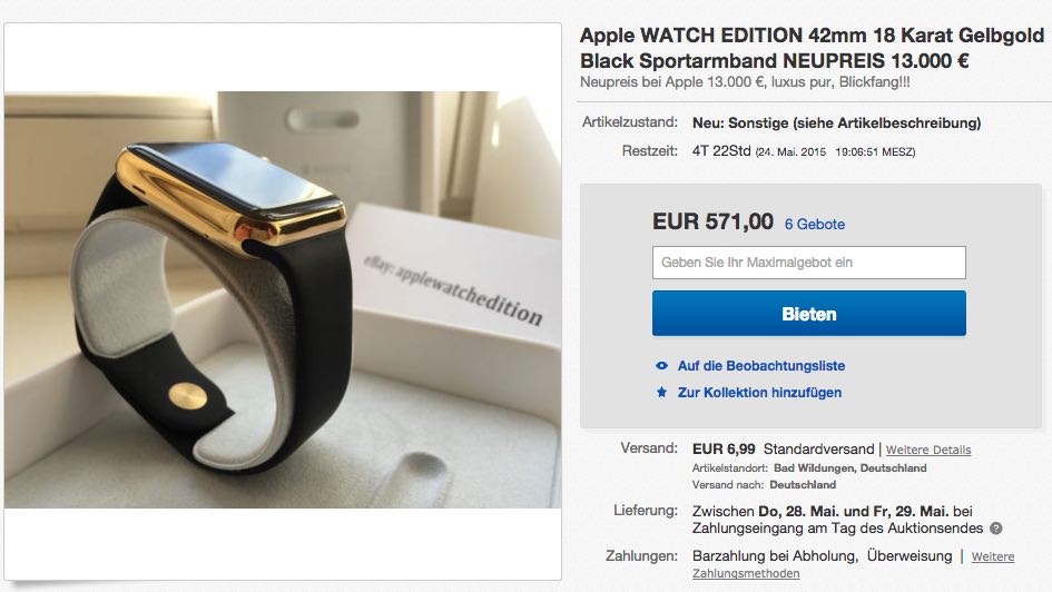 Achtung: Goldene Apple Watch Edition bei Ebay Auktion! 1