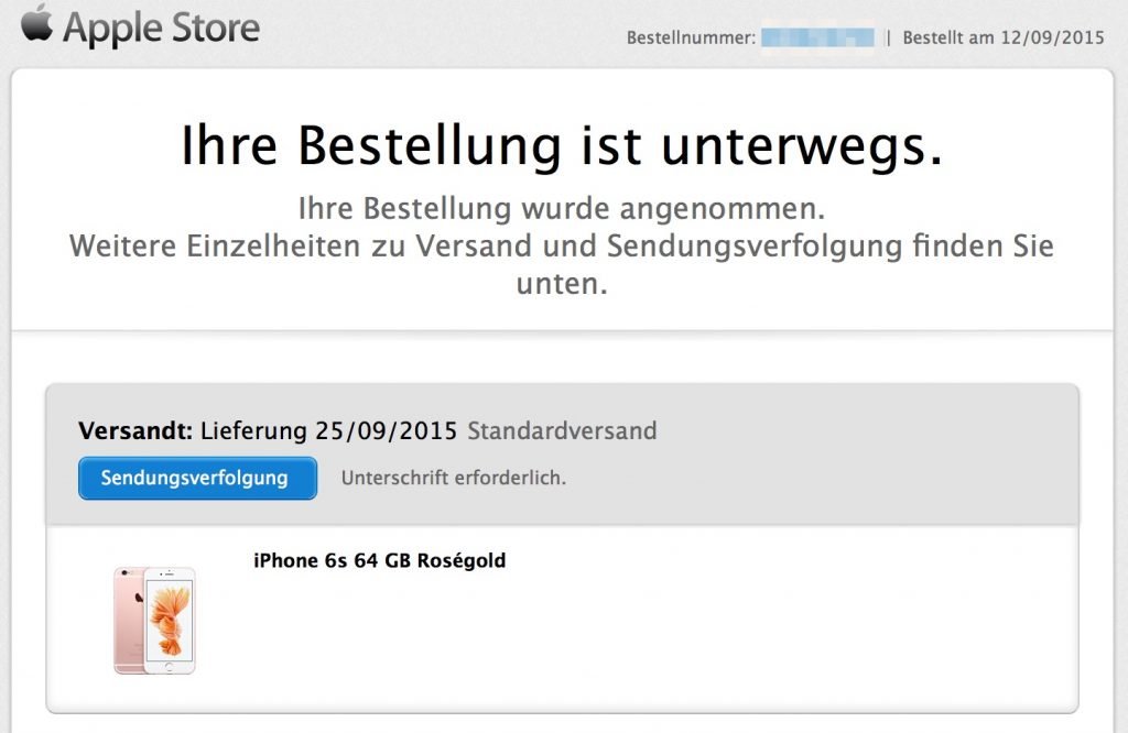 Versandbenachrichtigung iPhone 6S Apple Store Bestellung unterwegs