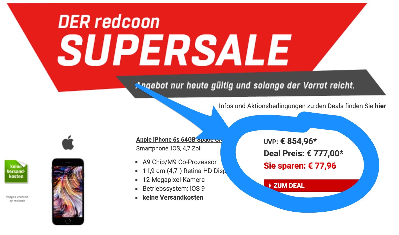 iPhone 6s 64GB ohne Vertrag nur 777 Euro bei Redcoon! 1