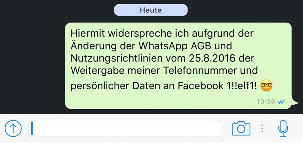 Hiermit widerspreche ich den neuen WhatsApp AGB zur ...